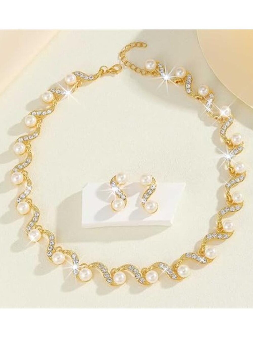 Gold Pearl Rhinestone Bridal Necklace Earrings Set Wedding Formal